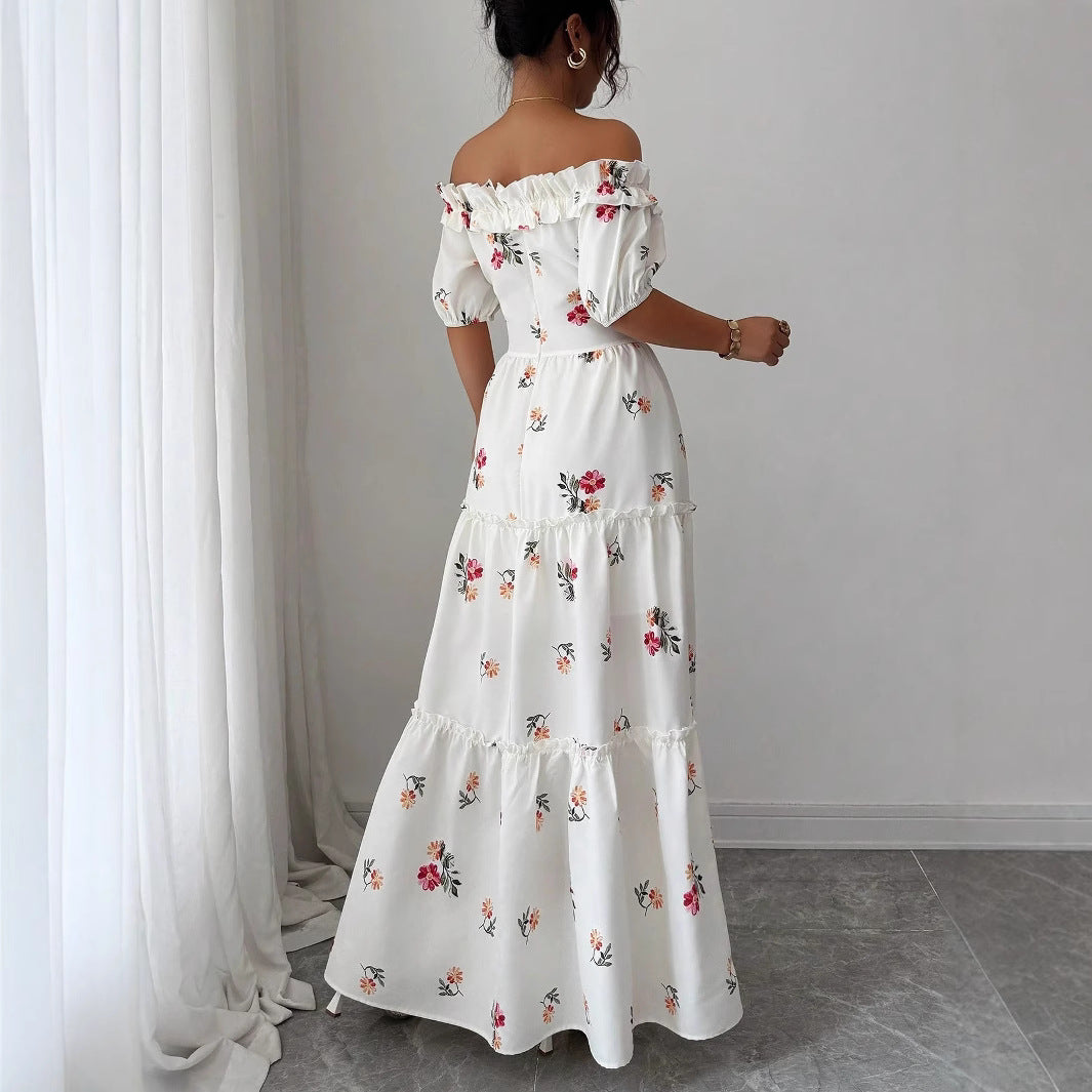 Kvinde Off-Shoulder Maxikjole med florale applikationer og flæser Stilla
