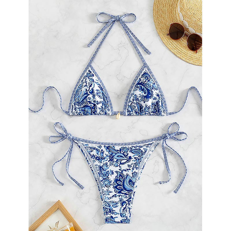 Dame Triangel-Bikini med legende blomsterdesign og bånd