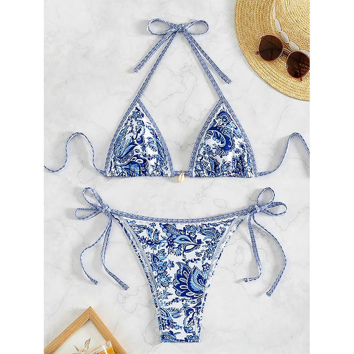Dame Triangel-Bikini med legende blomsterdesign og bånd