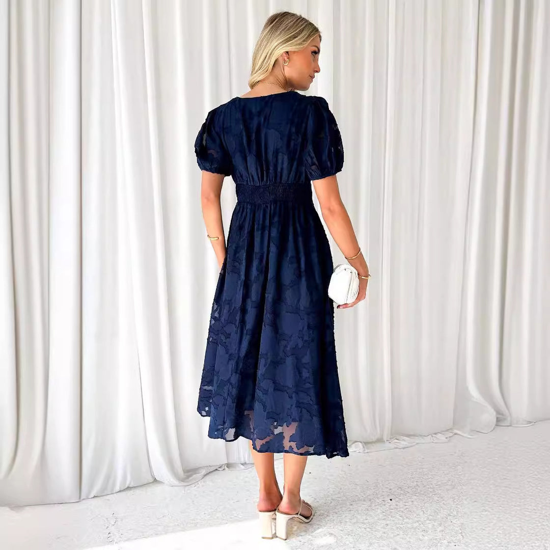 Dame Elegant Maxi Kjole med Flæseærmer og Blomster Tekstur Stilla