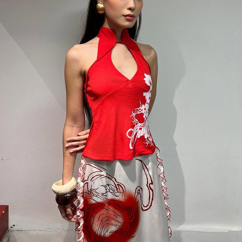 Dame elegant Maxi-kjole med raffineret halter-design og unikt tryk Stilla