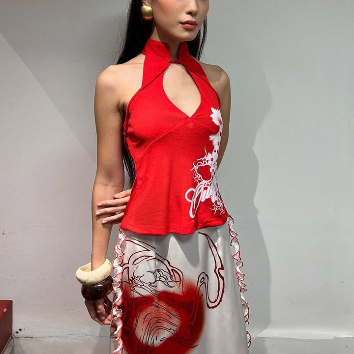 Dame elegant Maxi-kjole med raffineret halter-design og unikt tryk Stilla