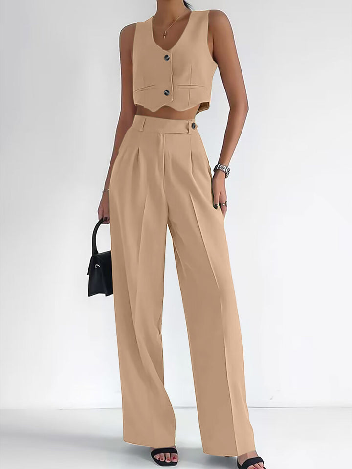 Dame Fashionable To-del-set med figursyet overdel og elegante, brede bukser Stilla