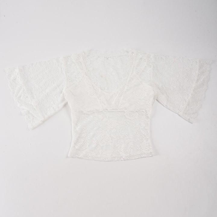 Dame spids top i romantisk vintage stil med vide ærmer Skovae