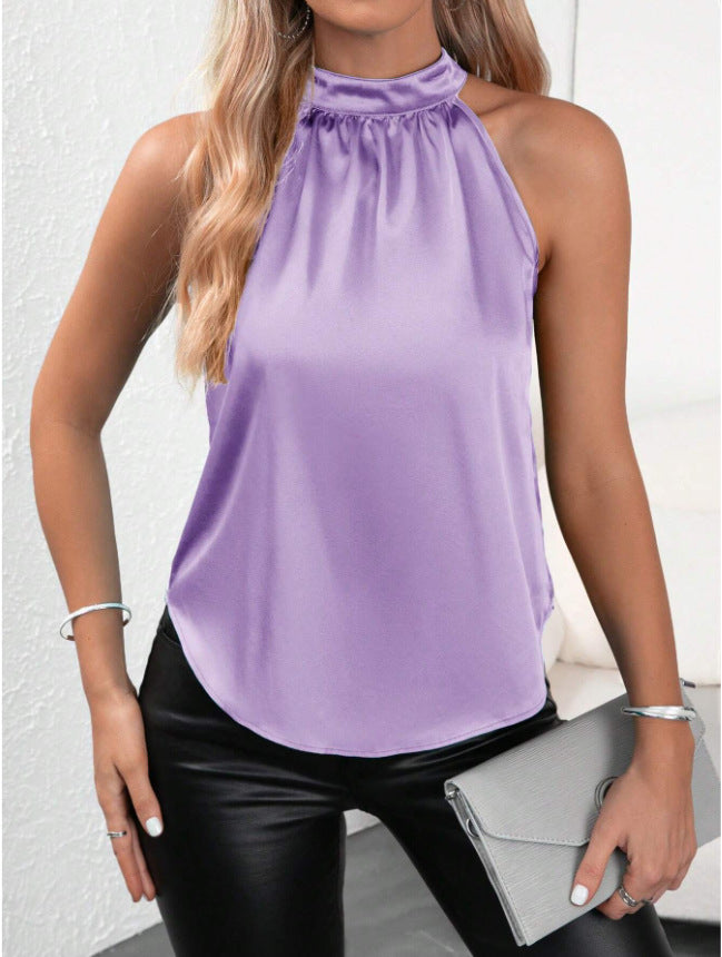 Dame Elegant Satin Top med høj hals Skovae