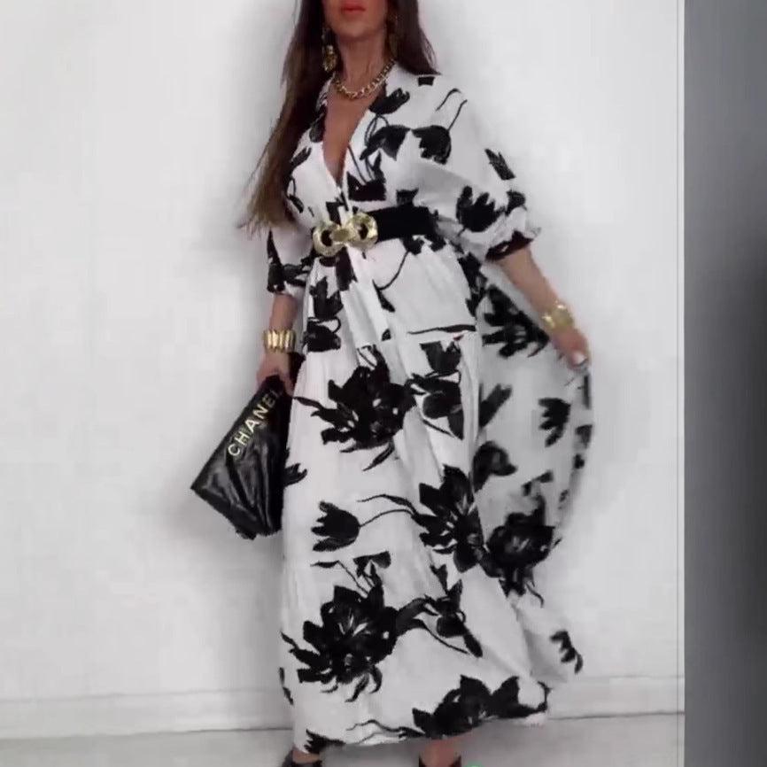 Dame Elegant Maxikjole med blomsterprint og taljebælte Stilla