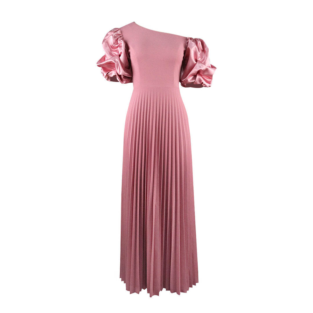 Dame elegant maxikjole med asymmetrisk snit og voluminøse puffærmer Skovae