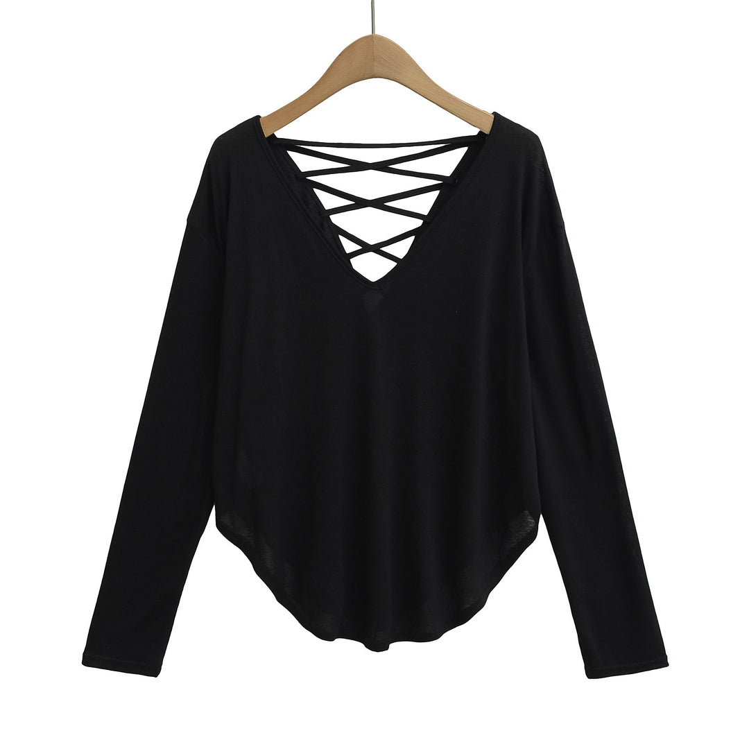 Dame langærmet shirt med dyb V-udskæring og elegant snøredetail Stilla