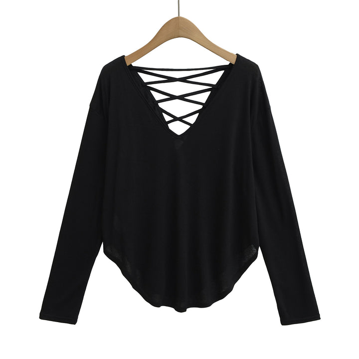 Dame langærmet shirt med dyb V-udskæring og elegant snøredetail Stilla