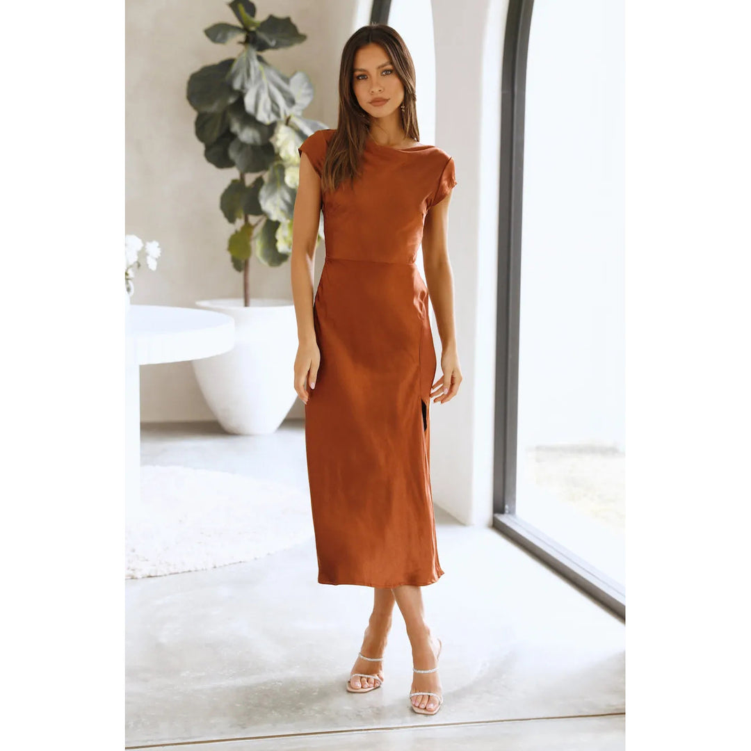 Dame Elegant Satin-Kjole med side Slids Stilla