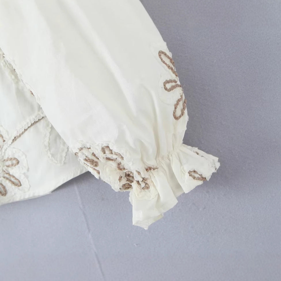 Damer Elegant Broderet Bluse med Flæser Stilla
