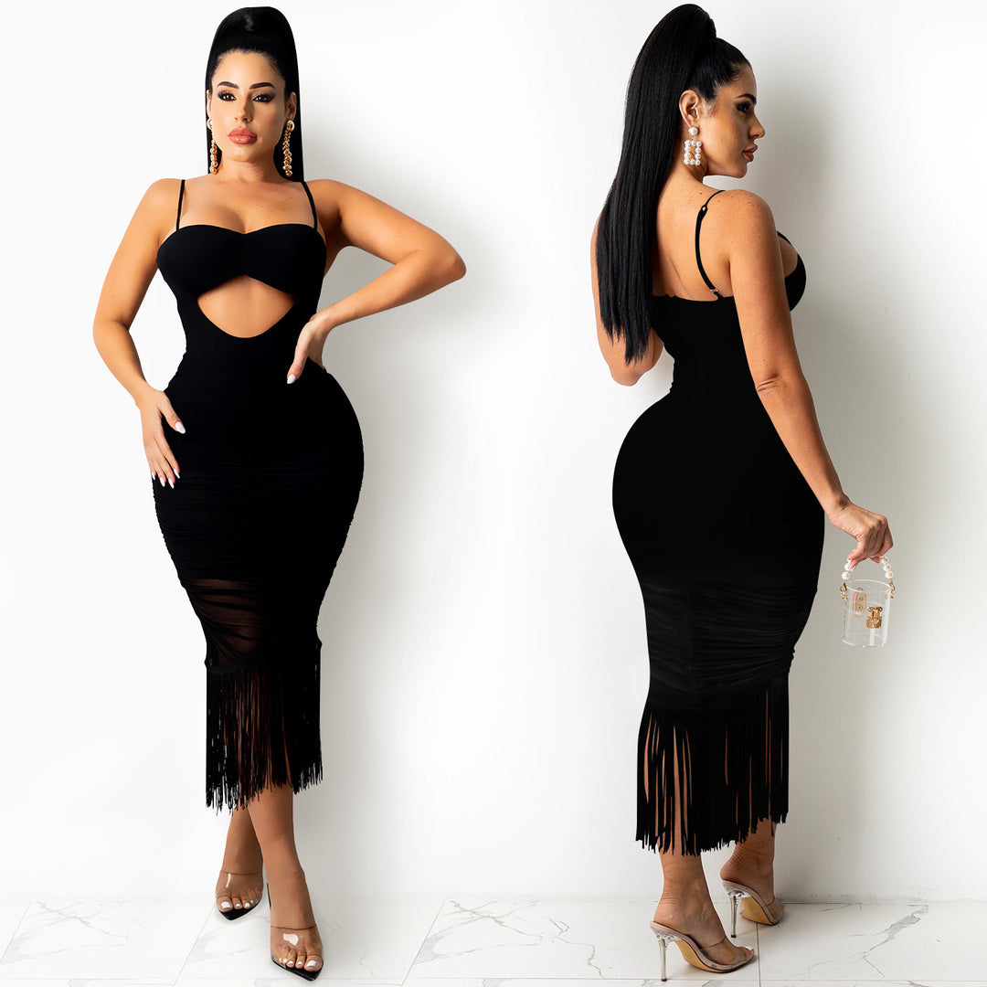 Dame figursyet Cut-Out Midi-kjole med frynser Stilla