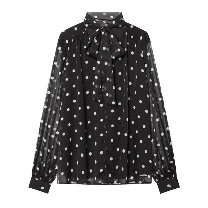 Dame transparent bluse med sløjfe krave i polka-dot design Skovae