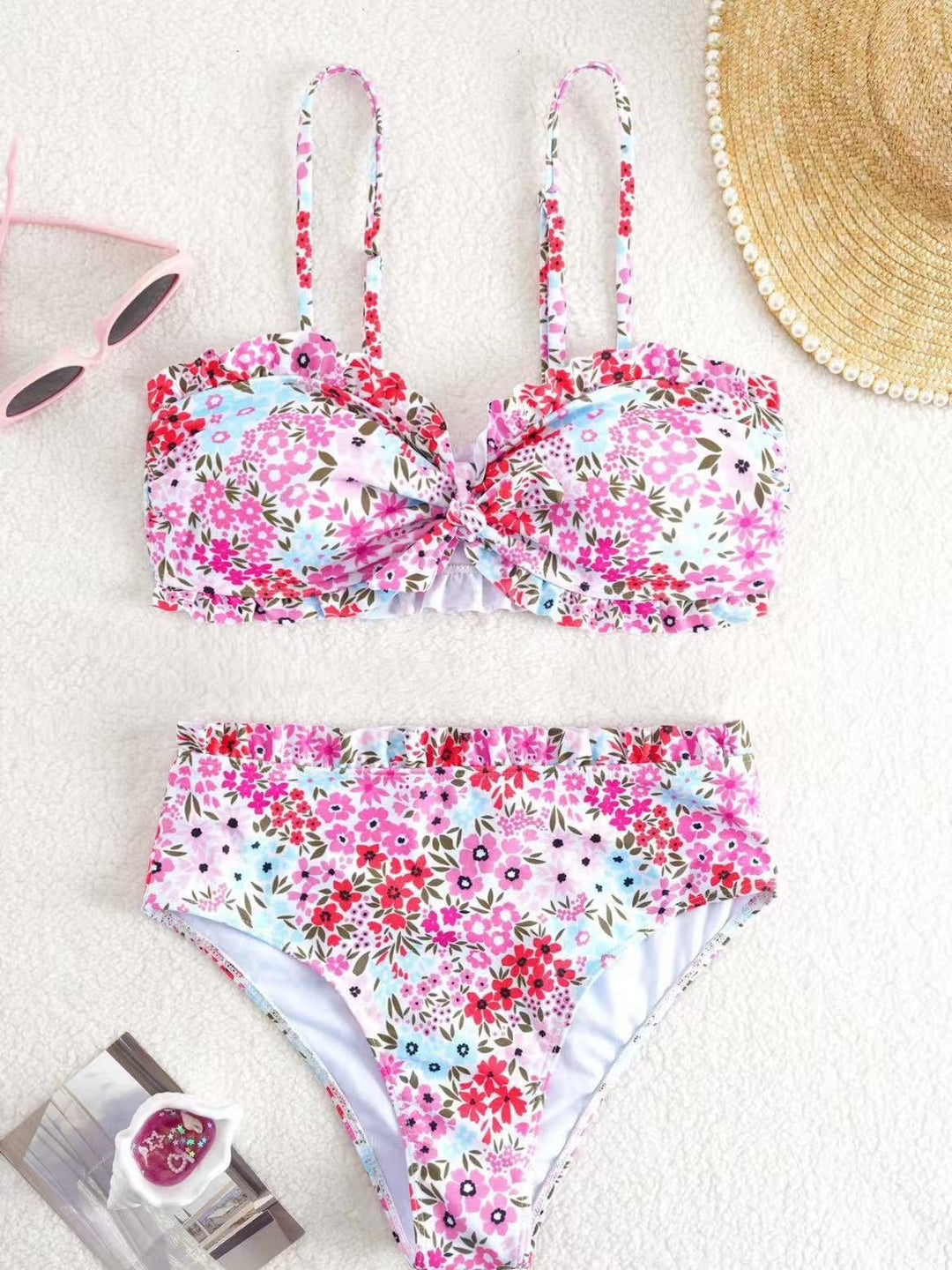Dame bikini-sæt med muntert blomstermønster og rynket bustier Skovae