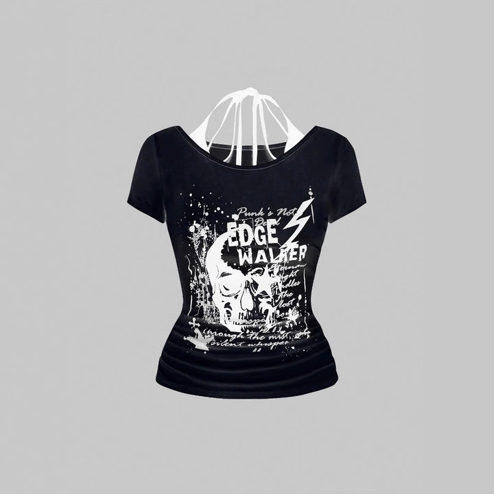 Dame kreativ grafik T-shirt med forførende ryggudskæring Skovae