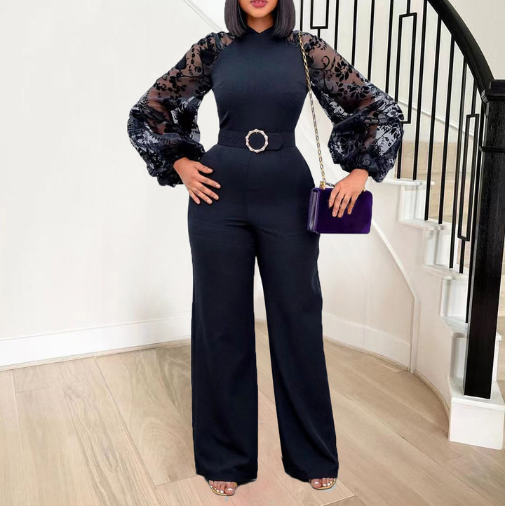 Dame elegant jumpsuit med voluminøse tylærmer og figursyet snit Stilla