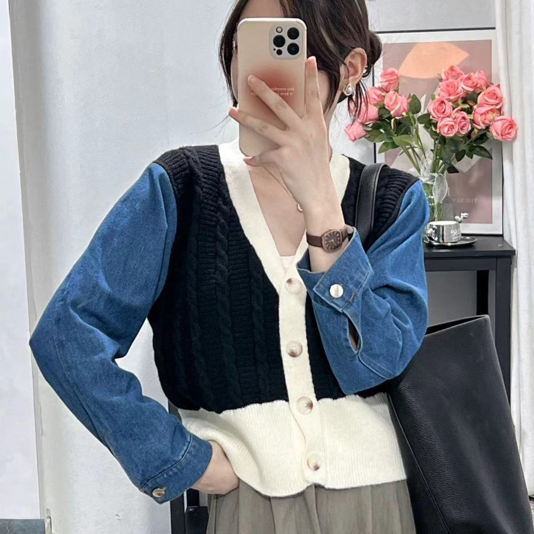 Kvinders stilfulde strikket cardigan med denimærmer Stilla