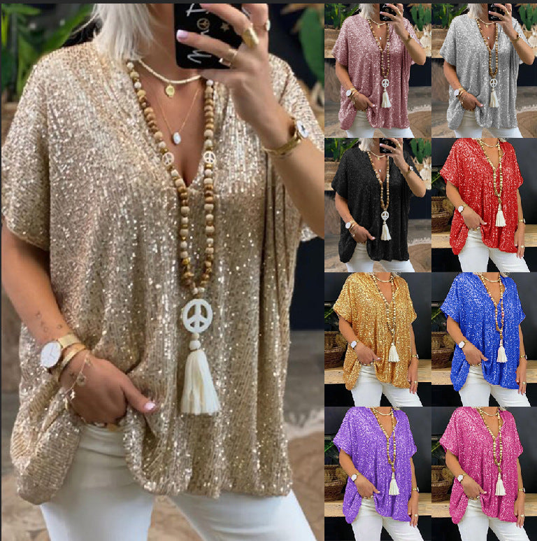 Dame Pailletter V-Udskæring Oversized Top Stilla