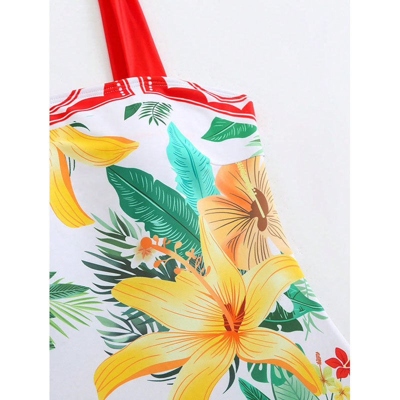 Dame one-piece badedragt med justerbare flæse stropper og floral skørt Skovae