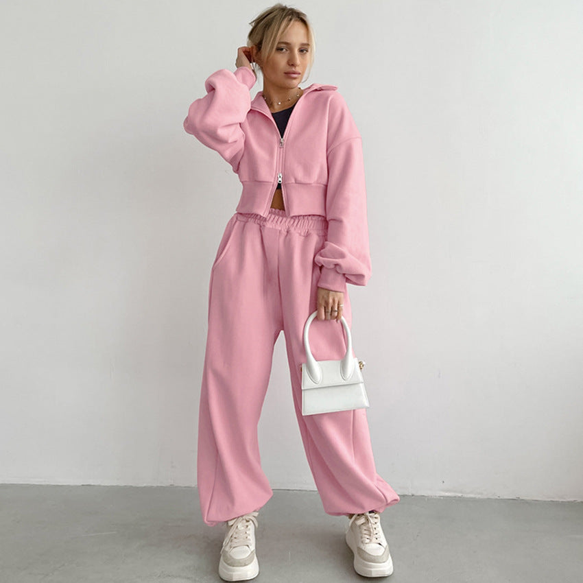 Dame Sporty Crop-Top og Joggingbukser Set med elastisk Talje Stilla