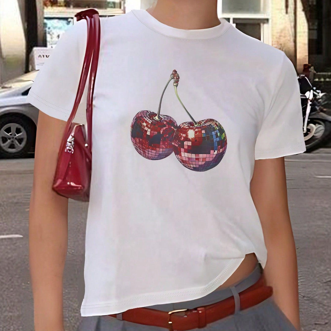 Dame T-shirt med kreativ kirsebærmotiv og funklende glitreffekt Skovae