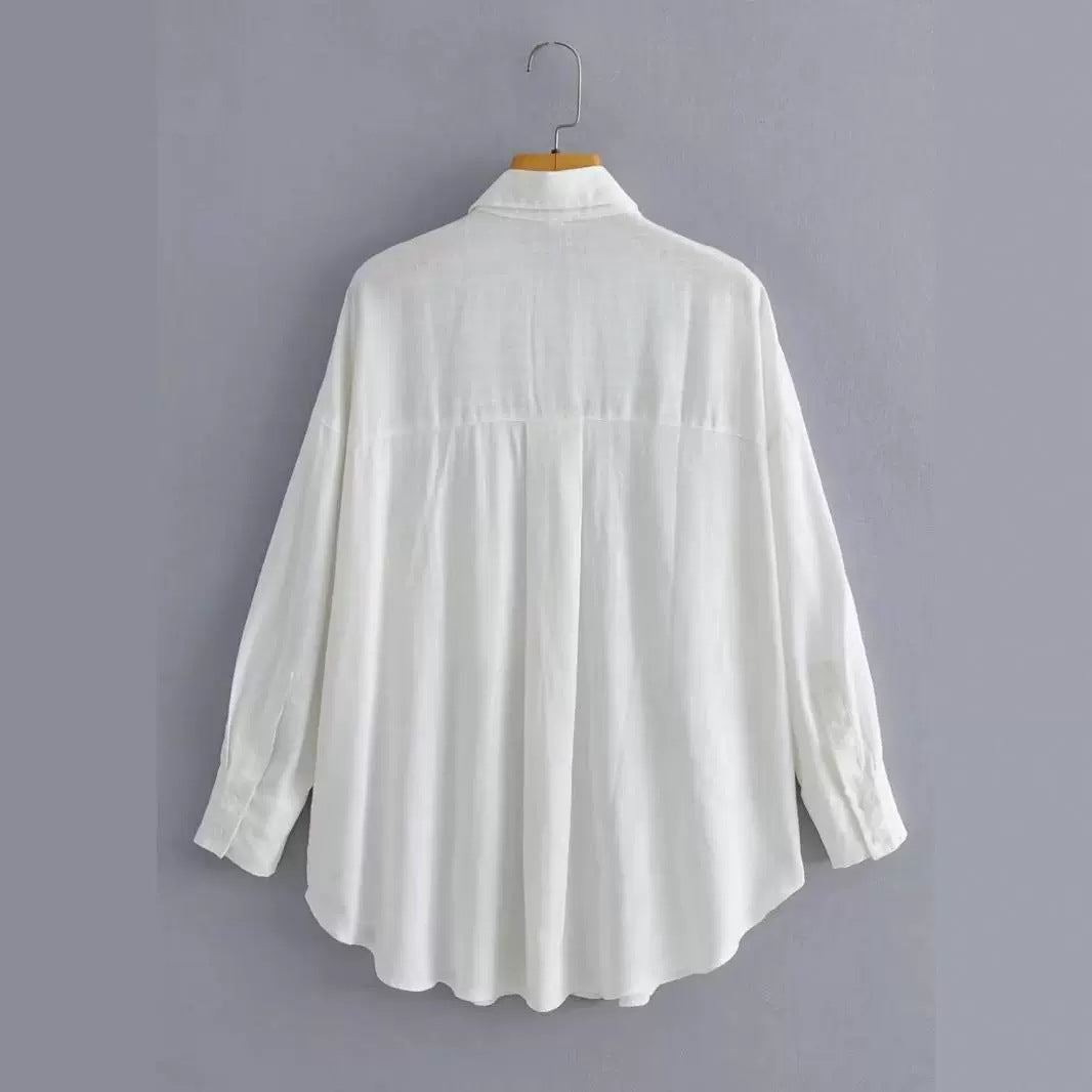 Kvinder Casual Oversized Skjorte Bluse med Brystlomme og Subtil Struktur Stilla