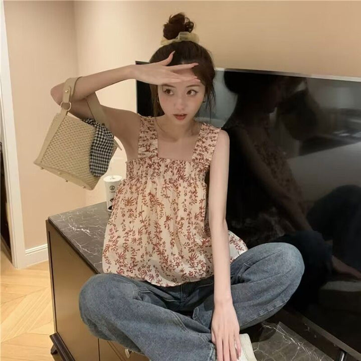 Damerne blouse top med legende blomster mønster og elastisk øverste del