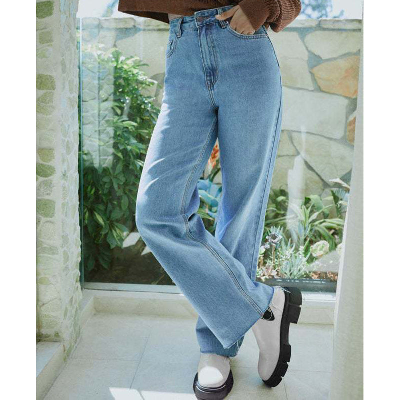 Dame Høj Talje Bred Ben Jeans med frynset afslutning Stilla