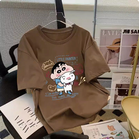 Dame T-shirt med kunstnerisk cartoon-tryk og behagelig pasform Stilla