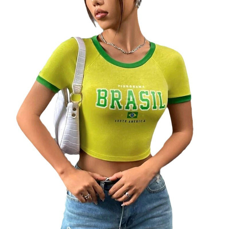 Dame Crop-T-Shirt med farvet kontrastkrave og Brasil-print Stilla