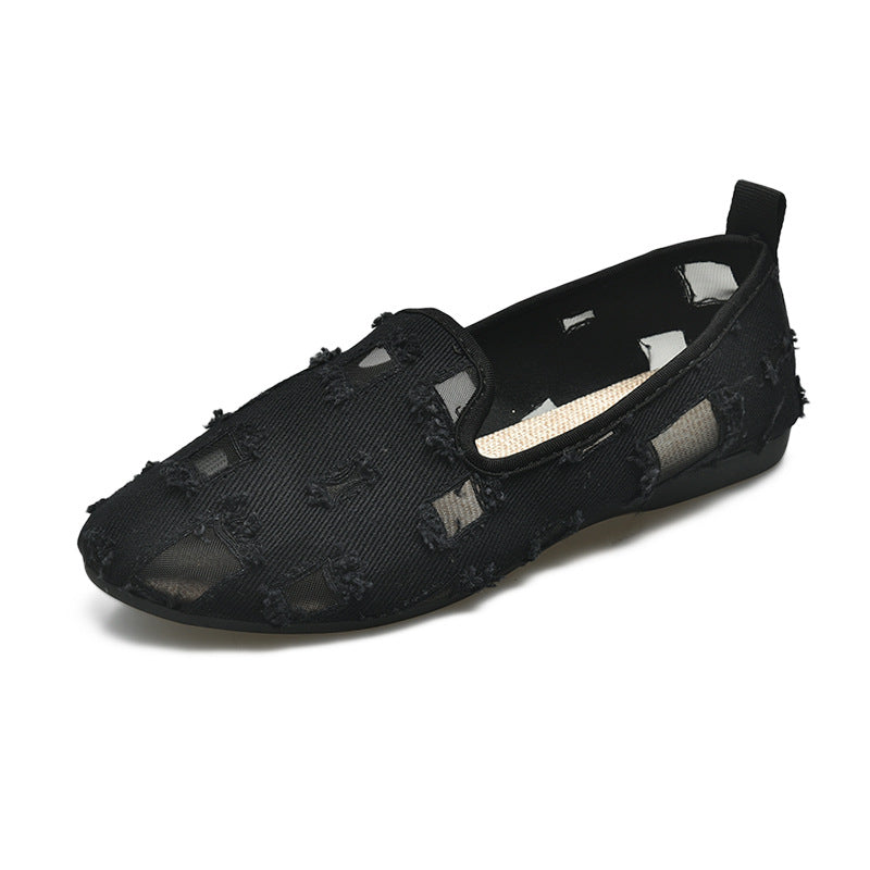 Damer med casual slip-on sko med netindsatser og frayed denim detaljer Skovae