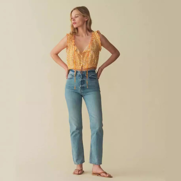 Dame Crop-Top med legesyge flæsedetaljer og blomstret design Stilla