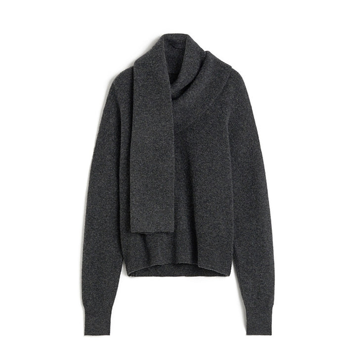 Dame elegant strikpullover med smart krave og integreret tørklæde Stilla
