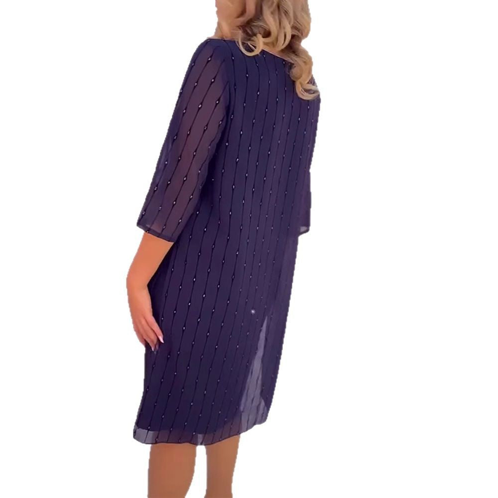 Dame nan elegant chiffon midikjole med vertikale paillet- og perleapplikationer samt gennemsigtige trekvartærmer Skovae