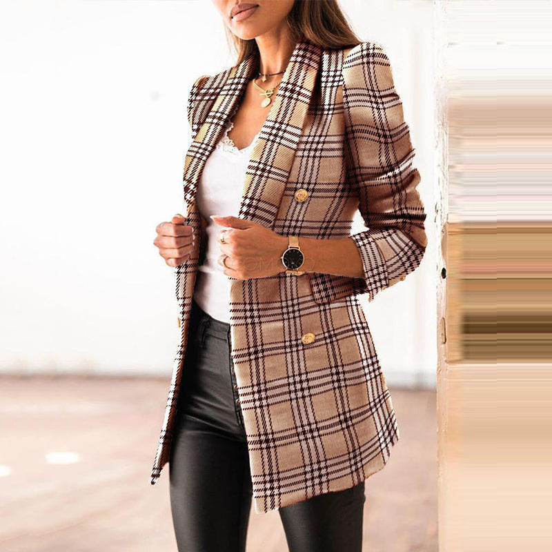 Dame Elegant Tweed Blazer med dobbelt knaplukning og moderne puffærmer Stilla