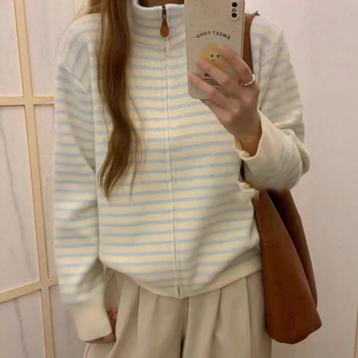 Kvinder ¼-zip quiltet pullover med fin stribet tekstur Stilla
