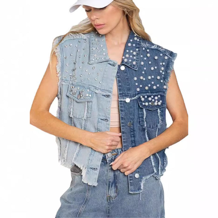 Dame jeansvest med kunstperler og frynser Stilla