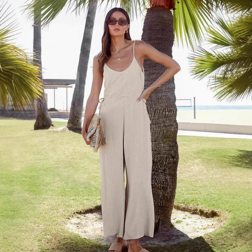 Dame Casual Jumpsuit med justerbare stropper og vidt skårne ben Stilla