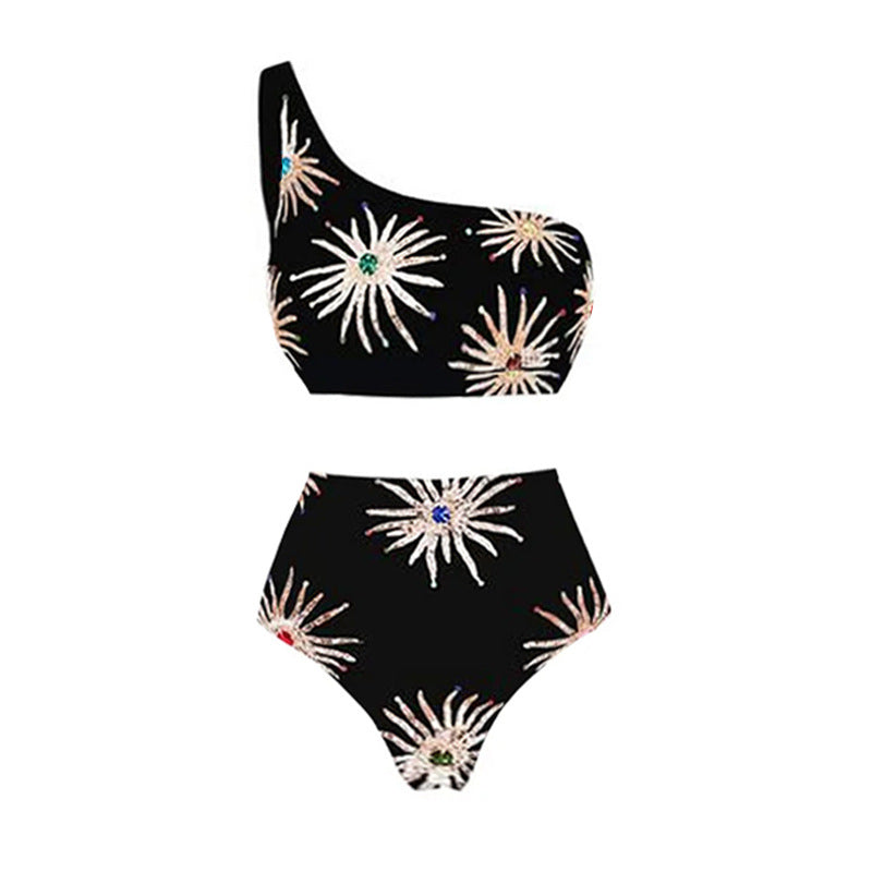 Damer Elegante asymmetrisk bikini-sæt med glitrende blomsterdesign Skovae