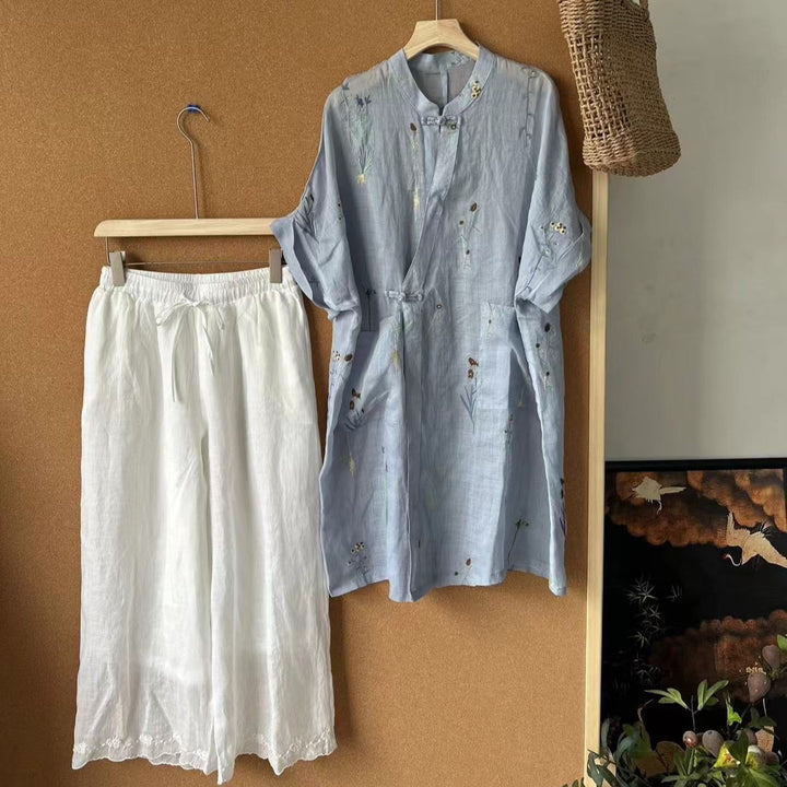 Femme Broderet Linned blouse og Løse Culottes Sæt Stilla