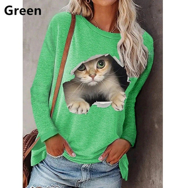 Dame afslappet sweatshirt med unikt kattemotiv og vid udskæring Stilla