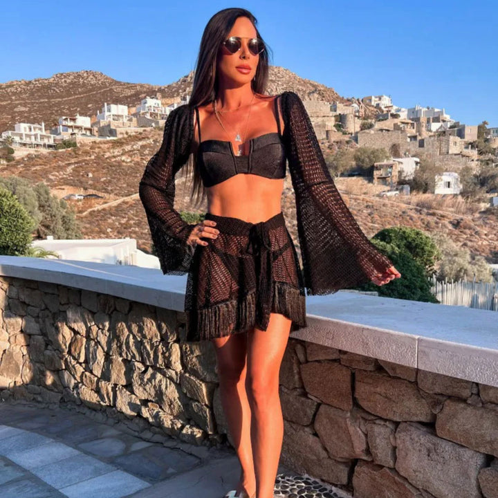 Dame tøj sæt med frynset net nederdel og matchende bikini top Stilla