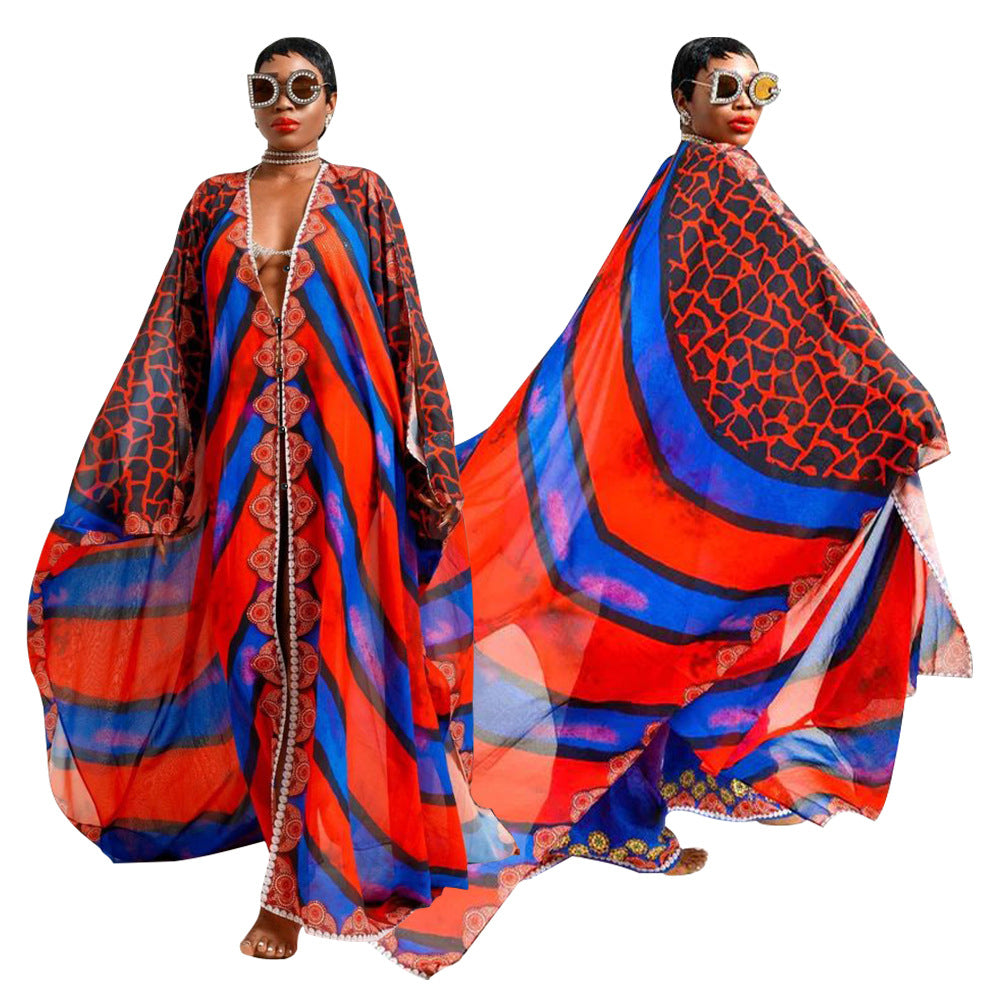 Dame Strand-Kimono med kunstnerisk slange motiv og vide ærmer Stilla