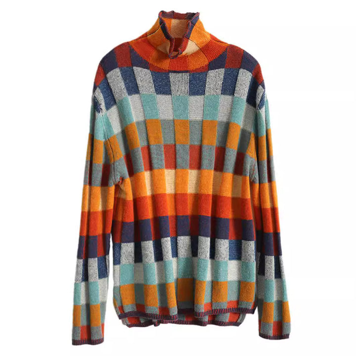 Kvindernes farverige ternede sweater med høj krave og blødt strik Stilla