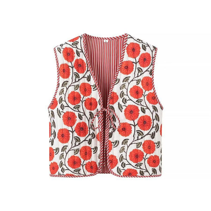 Dame blomsterbroderet vest med knapdetaljer og bundet taljesnor Stilla