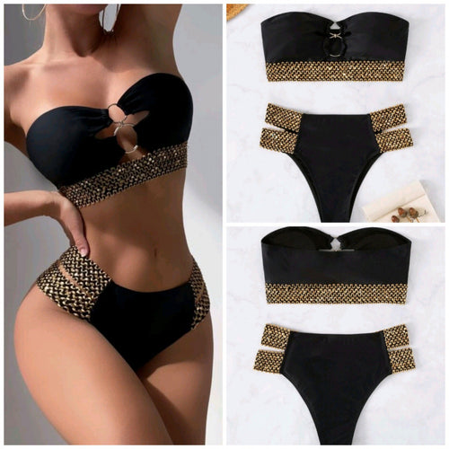 Dame Bandeau-bikini med raffinerede detaljer og høj talje Stilla