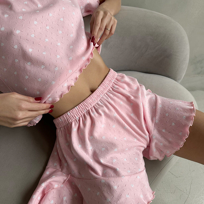 Dame frække Kort-Pyjamasæt med Flæsedetaljer og Hjerteprint Stilla