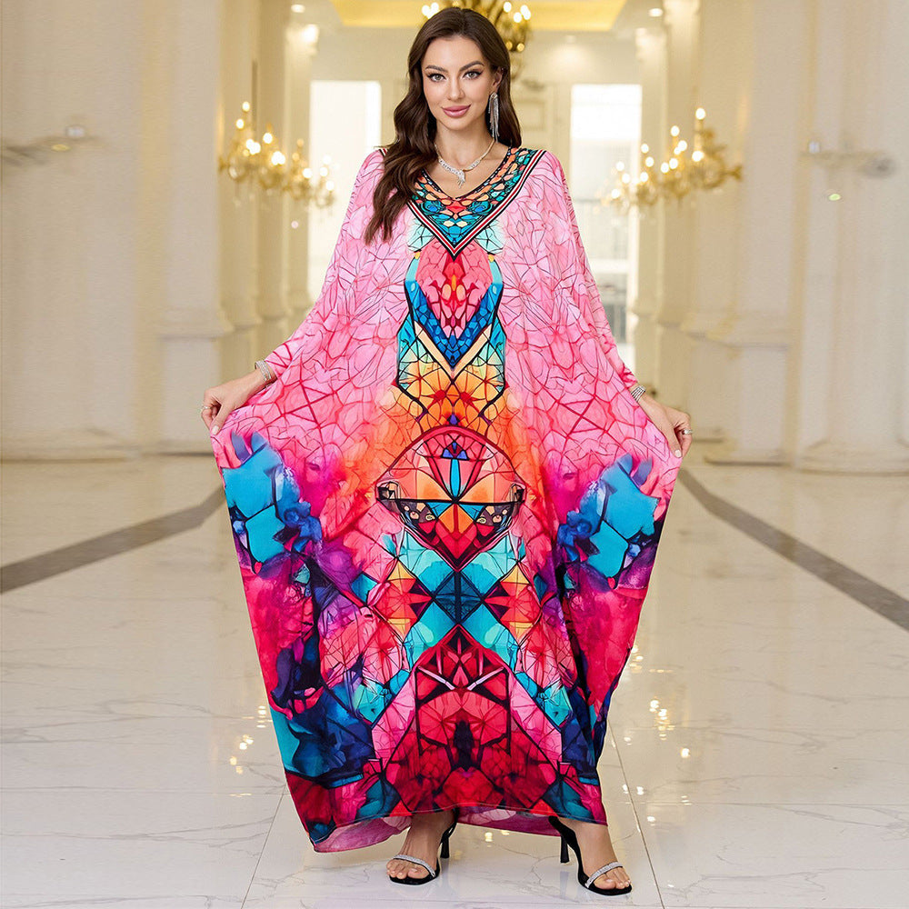 Dame Kaftan med kunstnerisk etno-mønster og sidelommer Stilla