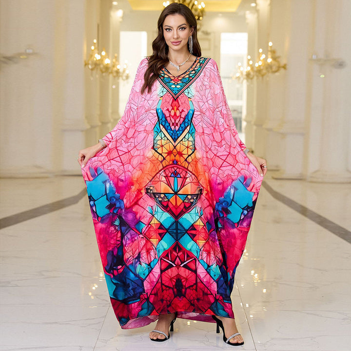 Dame Kaftan med kunstnerisk etno-mønster og sidelommer Stilla
