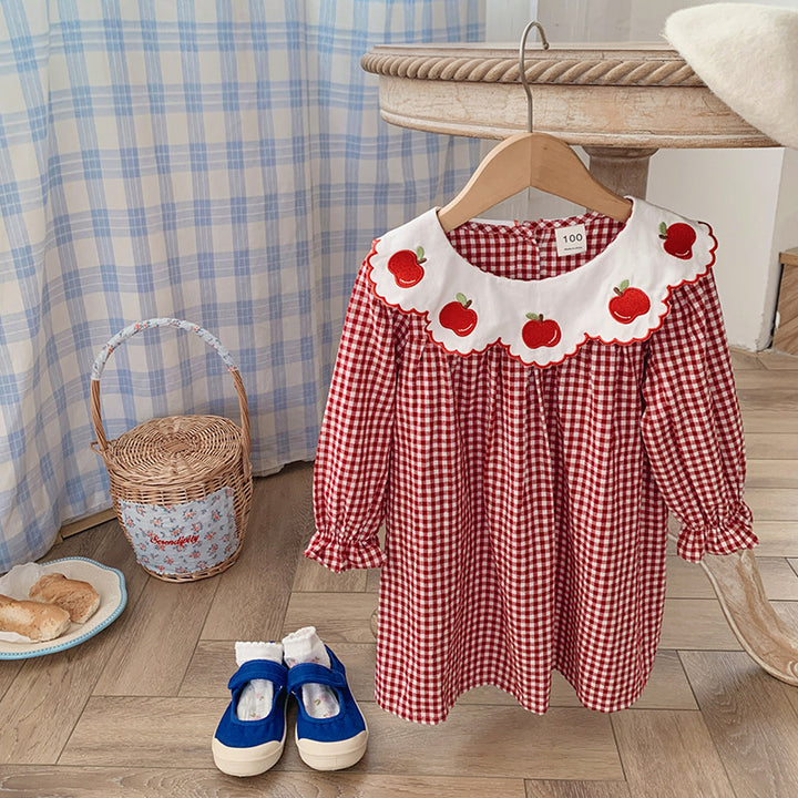 Pige Gingham Rude Kjole med legesyg Æble Broderi Stilla